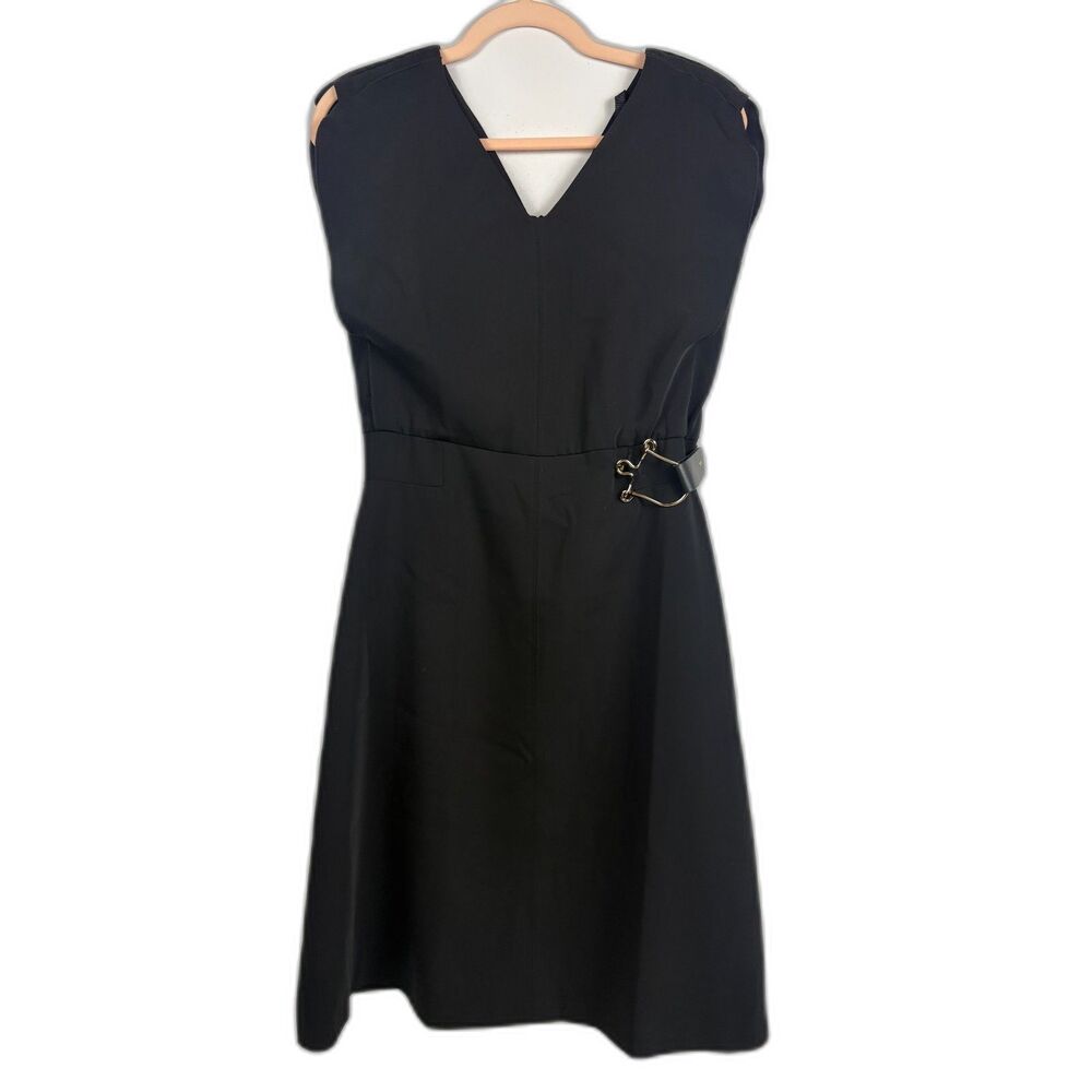 IPEKYOL Black Sleeveless V-Neck A-Line Dress Gold Buckle Cocktail Womens 8 NWT